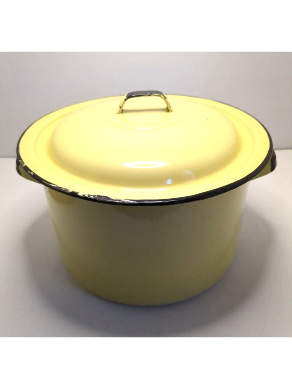 Vtg, Yellow Enamelware Stock Pot Lid Black Trim Rustic Farmhouse cookware decor
